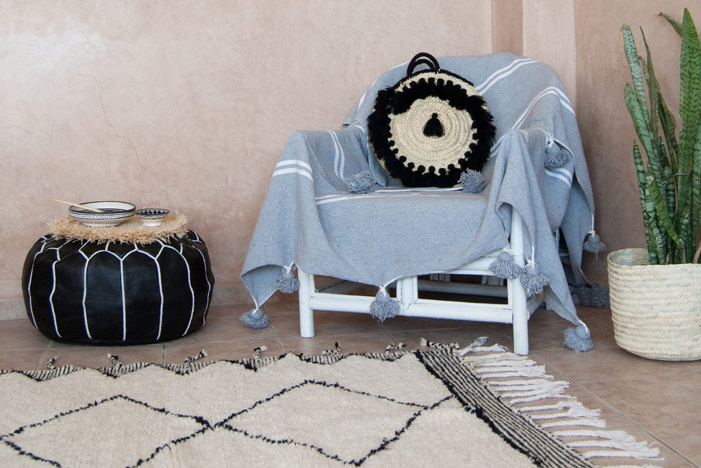 Moroccan Round Leather Pouf Cover - Black