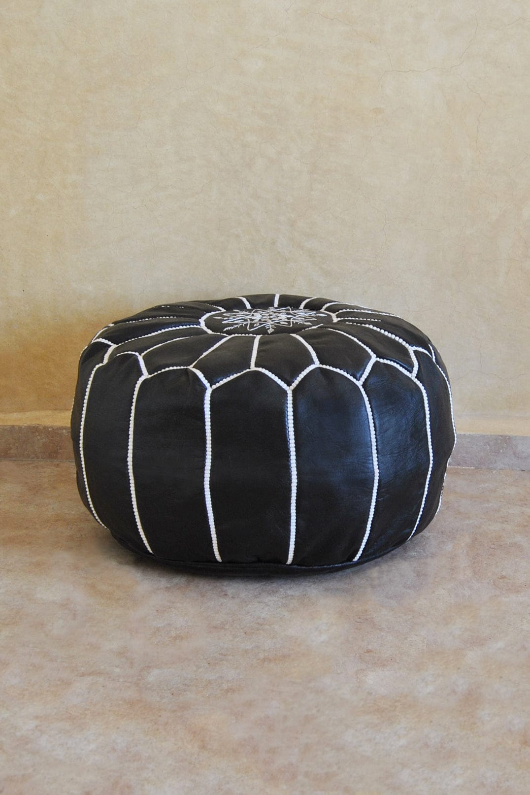 Moroccan Round Leather Pouf Cover - Black