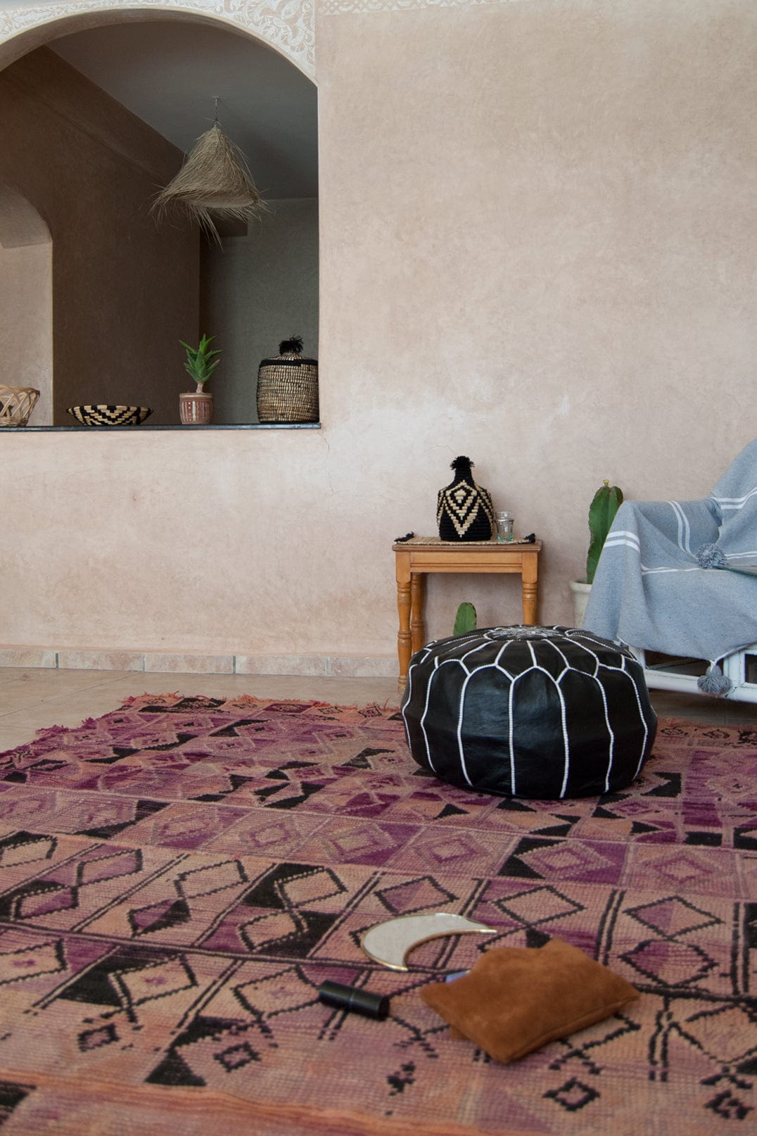 Moroccan Round Leather Pouf Cover - Black