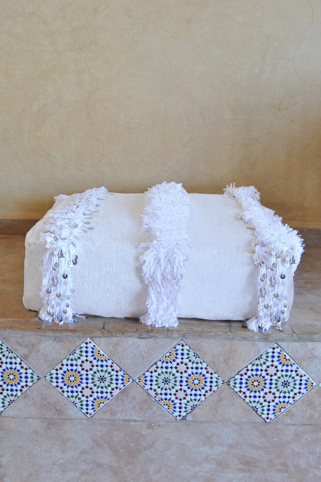 Moroccan White Handira Floor Cushion- White