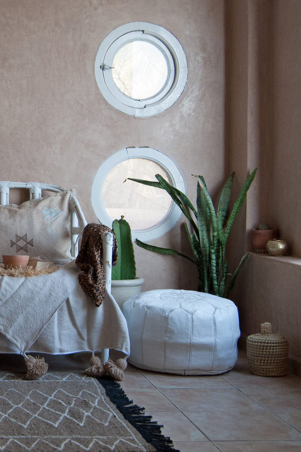 Leather Round Pouffe Cover - White